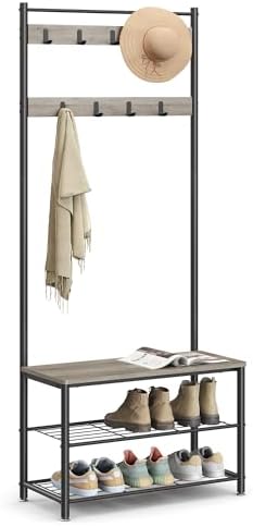 VASAGLE Coat Rack, Hall Tree with Shoe Storage Bench, 3-in-1, Steel Frame by VASAGLEbySONGMICSHOME