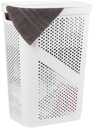 Mind Reader Slim Laundry Hamper with Lid, 60L Clothes Basket, Ventilated Plastic, White by MindReader