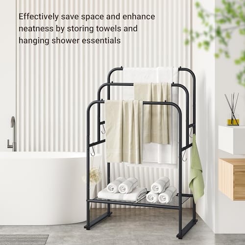 ELYKEN 3 Tier Freestanding Towel Rack with Shelf, 40" H Towel Stand, Black - Image 2