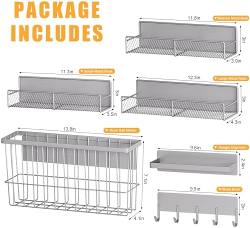 DTUQYX Laundry Organizer with Hanger 6-Pack, Magnetic Shelves for Washing Machine, Magnetic Refrigerator Shelves, Magnet Holder & Baskets, Metal Storage System for Laundry Room, Grey - Image 2