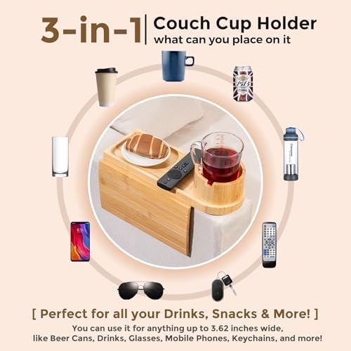 Couch Cup Holder for Armrests Over 4.9" Wide with 360° Phone Stand Natural - Image 7