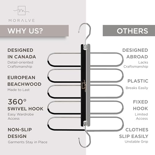 MORALVE Pants Hangers Space Saving - 2 Pack European Beechwood Scarf and Jean Hangers - Closet Organizer and Space Saver Pant Rack, Leggings Hanger, and Scarf Holder with 360° Swivel Hook - Image 5