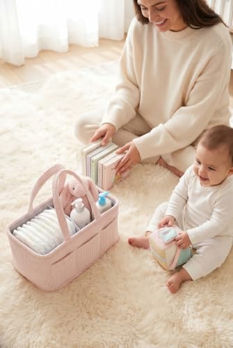 Diaper Caddy Organizer, Premium Baby Pink Corduroy Nursery Storage Basket with Removable Dividers & Handles, Portable Organizer for Diapers, Essentials, Baby Registry & Shower Gift - Image 4