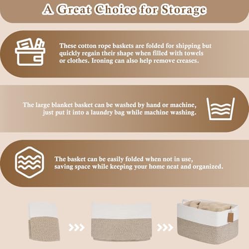 Goodpick 75L Extra Large Woven Rope Blanket Basket, Rectangle, Light Brown - Image 7