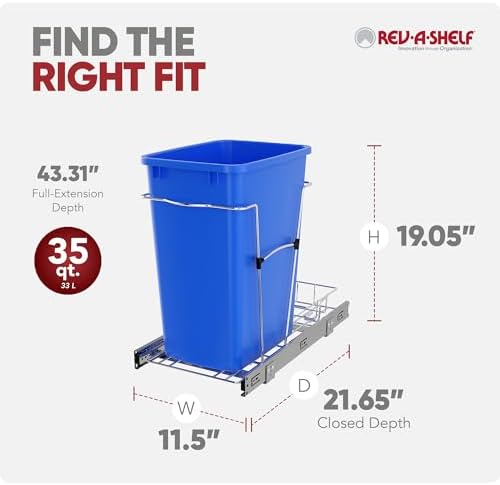 Rev-A-Shelf Pullout Trash Can for Under Kitchen Cabinets 35 Qt Garbage Waste Recyling Bin with Full Extension Slides, Blue, RV-12KD-22C-S - Image 3