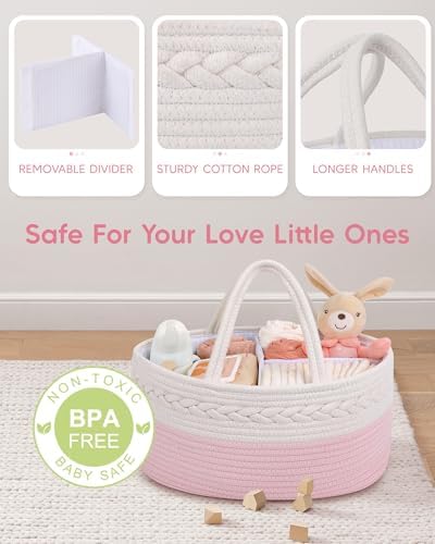 Maliton Diaper Caddy for Baby Girl-Cotton Rope Diaper Caddy, Diaper Organizer for Changing Table, Portable Baby Basket for Storage Baby Stuff, Newborn boy girl baby essentials Registry Items - Image 3