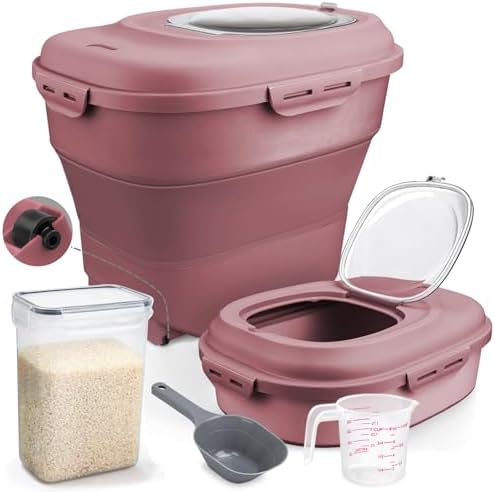 Komzon Rice Storage Bin Cereal Containers, 13-50lb Collapsible Rice Container Dispenser with Transparent Lid, Rolling Wheels, Measuring Cup and Scoop, Airtight Dog Cat Pet Food Storage Container Pink by Komzon
