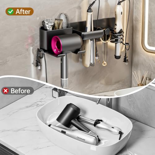 5 in 1 Hair Dryer Holder Hair Tool Organizer Metal Wall Mount (Black) - Image 5