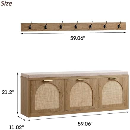 Rattan Narrow Entryway Bench with Shoe Storage, 3 Flip Drawers & Coat Rack, Mid-Century Modern Wood Shoe Cabinet with Seat Cushion for Foyer/Hallway (Rustic Oak Rattan) - Image 2