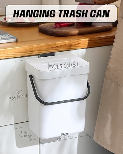 1.3 Gal Compost Bin, Hanging Small Trash Can with Lid, 5L/White - Image 2
