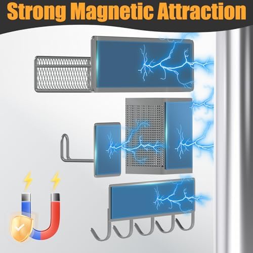 Magnetic Spice Rack for Refrigerator, 10 Pack 100% Metal Strong Magnet Shelf, Moveable Spice Organizer W/ Adjustable Paper Towel Holder, Hook Rack & Utensil Caddy, Home Kitchen Laundry Storage, Grey - Image 3