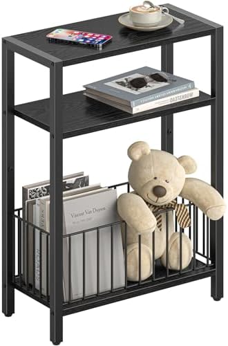 Narrow Side Table with Storage Basket Small End Table for Small Space,Black by Yoobure