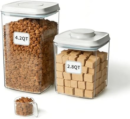 Ankou Dog Food Storage Containers Set, 4.2 QT with 130 ml Scoop & 2.8 QT, Airtight BPA-Free | Stackable Pop Lid Plastic Containers for Kibble & Pet Treats by ANKOU
