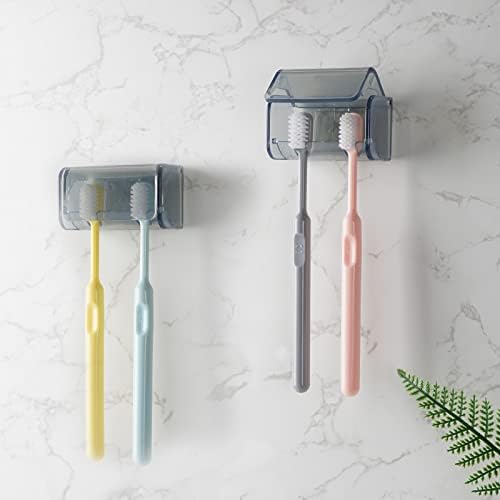 2 PCS Toothbrush Holder Wall Mounted with Cover for Bathroom, 2 Slots Toothbrush Storage Organizer for Shower, Self Adhesive Toothbrush Hanger Rack for Dorm, Cabinet (Grey) by LUEXBOX