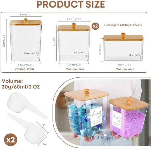 COAZEX 4 Pack Clear Laundry Pods Container & Dryer Sheet Holder,Bamboo Lids - Image 2
