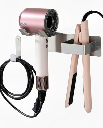 Hair Dryer Holder Wall Mounted, Hair Tool Organizer Wall Mount for Bathroom, Stainless Steel Hair Dryer Holder, Blow Dryer Holder Adhesive/Drilling Hair Dryer and Straightener Holder UEMUSI by Uemusi
