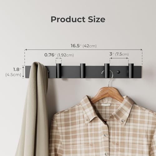 Black Wall Mounted Coat Rack – 5 T-Shaped Hooks on 16.5" Rail, (1 Pack) - Image 2