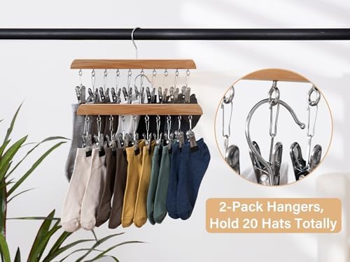 StorageWorks Hat Organizer 2 Pack, Wood Color Cap Hanger Rack with 10 Clips - Image 5
