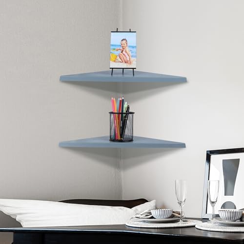 evron Corner Mounting Shelf Set of 2 – Easy to Install Floating Wall Shelves with Wood Grain Finish, Durable and Waterproof ABS Plastic for Kitchen, Bathroom, Living Room Home Décor (Grey) - Image 2