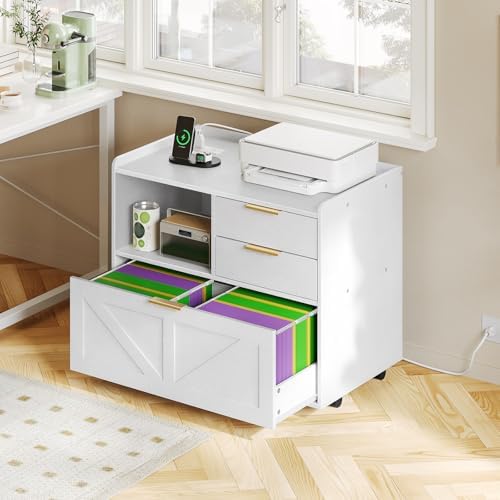 HOOBRO Lateral File Cabinet, Wooden Office Storage Drawers with Charging Station, Filing Cabinet for Home Office, A4/Letter/Legal-Sized Files, Printer Stand with Open Storage Spaces, White WT37UWJ01 - Image 2
