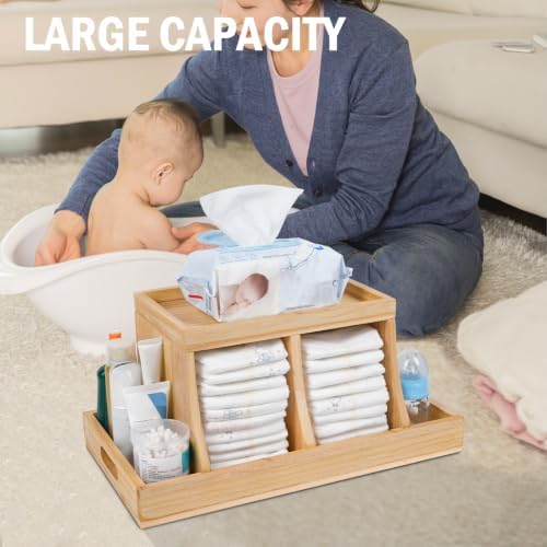 Diaper Caddy Organizer, Changing Table Organizer, Wooden Diaper Organizer for Nursery, Baby Diaper Storage Organizer with Removable Dividers (Brown, Rectangular Size) - Image 3