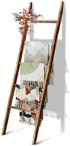 5-Tier Blanket Ladder Wooden, 5.3FT(63'') Blanket Quilt Holder Rack Decorative Ladders, Easy Assembly, Rustic Farmhouse Ladder Shelf for The Living Room Bedroom Bathroom Home Decor, Brown by Delywh