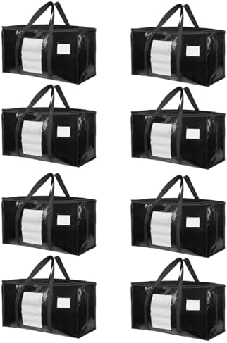 8 Pack Extra Large Moving Bags Heavy Duty 180GSM,130LBS 100L Totes with Visible Window, Zippers & Wrap-Around Handles, Waterproof Reusable, Alt to Moving Boxes, Black by Unknown