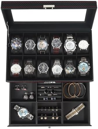 Watch Box for Men, 12 Slot Watch Case, Men's Jewelry Box With Drawer, Man Jewelry Accessory Organizer Case with Large Window, 2-Layer Watch Holder, PU Leather, Fathers Day Gift for Dad by Unknown
