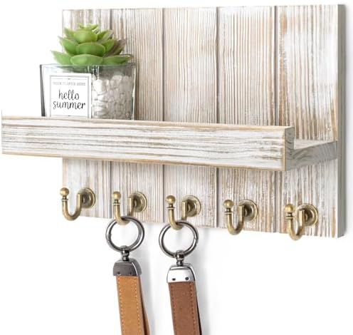Rebee Vision Key Holder Wall Mount with Shelf for Home Decor, Natural Wood by REBEEVISION