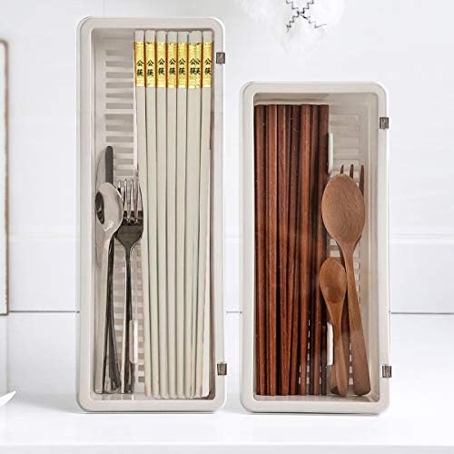 Large Flatware Tray Kitchen Drawer Organizer With Lid And Drainer - Plastic Kitchen Cutlery Tray and Utensil Storage Container with Cover - Dinnerware Holder White - Image 4