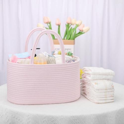 COMSE Large Cotton Rope Baby Diaper Caddy Organizer for Girls, Light pink - Image 7
