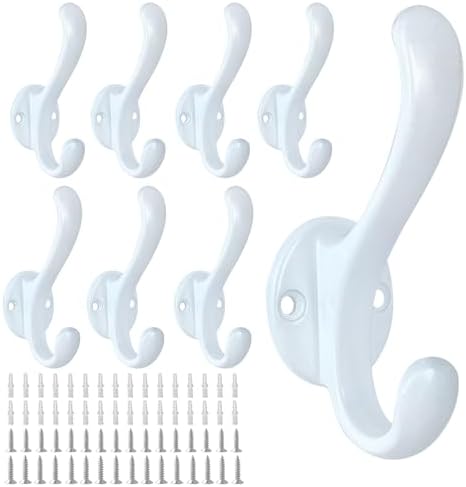 8 Pack Coat Hooks Wall Mount Heavy Duty Utility Retro Double Hooks for Hanging Coats,Hat, Towel, Key, Robe, Scarf, Bag, Cap (White) by PEOIAOY