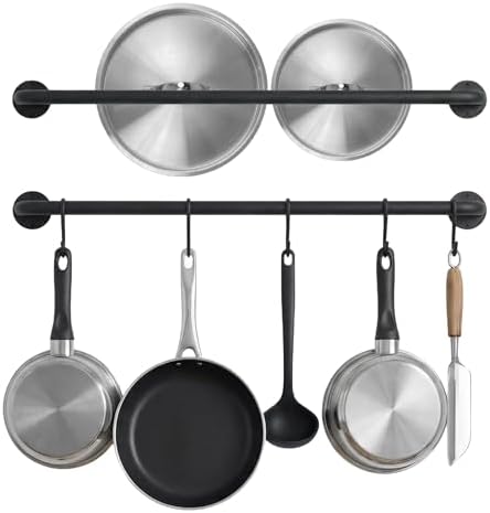 Black Steel-made Kitchen Utensil Rack Organizer Wall-mounted Pot Pan Wall Hanger Holder For Hanging Rail with 10 S Hooks by Conwithna