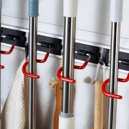 Wall Mounted Mop and Broom Holder, Stainless Steel, Red Black, 34 Inches, 8 Position Rack with 6 Hooks, S Type Organizer - Image 6