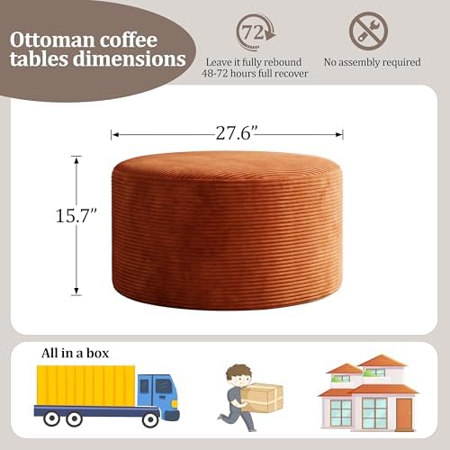 BSHOMGI Round Ottoman,Corduroy Ottomans Foot Stool, 27.5" Pouf Footstool Ottomans Seat, Round Footrest, Modern Side Table for Living Room Bedroom Home Decor No Assembly Require (Orange, 32") - Image 2