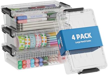 BiuLeon 4 Pack Extra Large Pencil Box, Plastic Pencil Case Organizer, Clear Crayon Box Marker Organizer, Stackable Craft Organizers and Storage for Pen, Craft, Art Supply(Black) by Unknown
