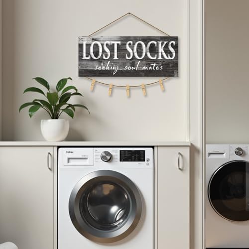 1 KINGO Laundry Lost Socks Rustic Sign Wall Decor for Washroom, Farmhouse Black Lost Socks Seeking Soul Mates Canvas Print Art, Rustic Plaque Bathroom Decoration 6" x 15" - Image 5