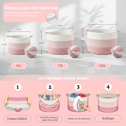Artfeel 70L Large Cotton Rope Basket, Decorative Woven Blanket Storage for Living Room, Boho Toy Storage & Toy Box for Kids, Versatile Laundry Basket & Nursery Hamper for Blankets(Pink) - Image 6