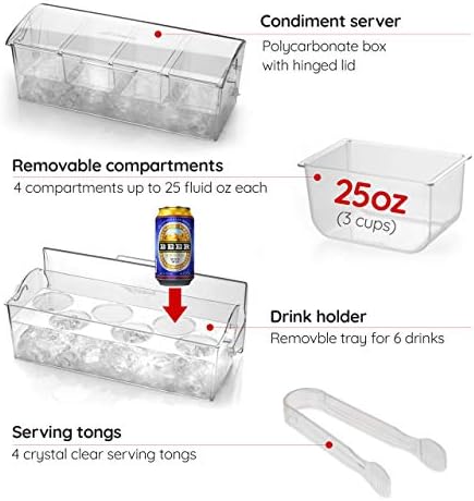 Pikanty Chilled Condiment Server Caddy with Ice Base - 4 Compartments and 4 Serving Tongs Included, Mimosa Bar, Taco Bar, Garnish Tray for Parties, Weddings, BBQs, Dishwasher Safe, Made in USA - Image 2