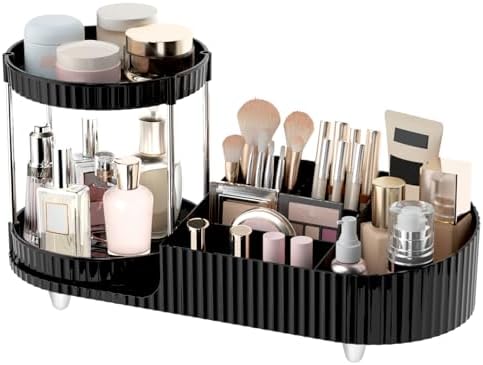 Makeup Organizer Countertop for Vanity with 2 Rotating Perfume Trays, 5-Compartment Skincare Organizers and Make Up Desk Storage, Cosmetic Organizer with Brush Holder for Bedroom Bathroom Counter by Jywantful