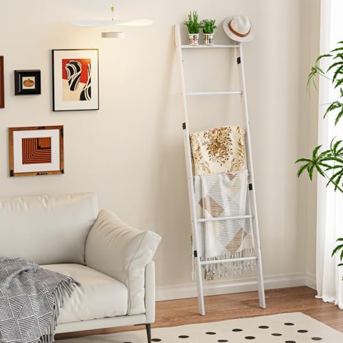 BAMBANG 6-Tier Blanket Ladder for Living Room, Blanket Quilt Ladder Rack Rustic Decorative Towel Holder, Wall Leaning Blanket Ladder Shelf Storage Farmhouse Decor for Bedroom Bathroom, White - Image 2