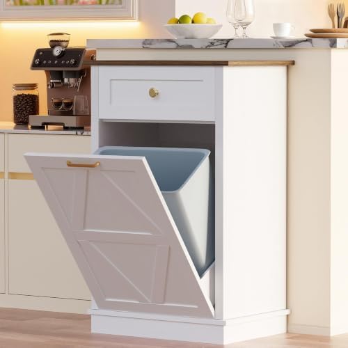 YESHOMY 10 Gallon Tilt Out Trash Cabinet with Drawer, White by SearchallYESHOMY