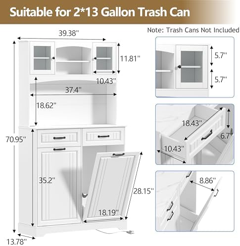 Double 13 Gallon Tilt Out Trash Can Cabinet with Deodorizing Function and Power Outlet, 71" Tall Wooden Garbage Can Holder Cabinet with 2 Storage Hutch & 2 Drawers for Kitchen and Dining Room, White - Image 6