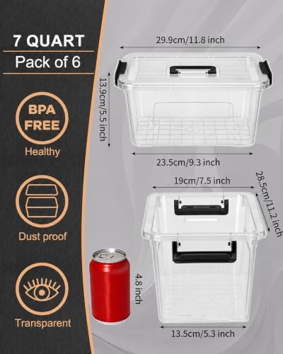 EOENVIVS 7 QT Clear Storage Bins with Lids, 6 Pack, Stackable Storage Boxes - Image 2