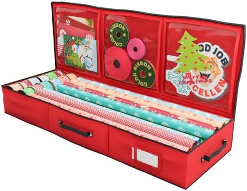 Primode Wrapping Paper Storage Container | Gift Wrap Organizer Under Bed | 41”x14”x6” | Fits 18-24 Rolls Up to 40” | 600D Oxford | Box Holder with Pockets for Ribbon, Bows and Accessories (Red) by Primode