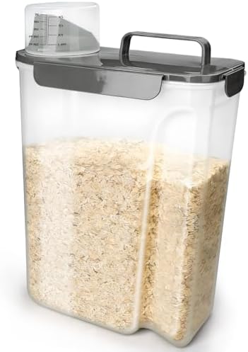 Komzon Rice Storage Containers, Rice dispenser with Pouring Spout Portable Handle for Flour, Pasta, Grain and Baking, Pet Dog Cat Bird Food Container 20 LB Grey by Komzon