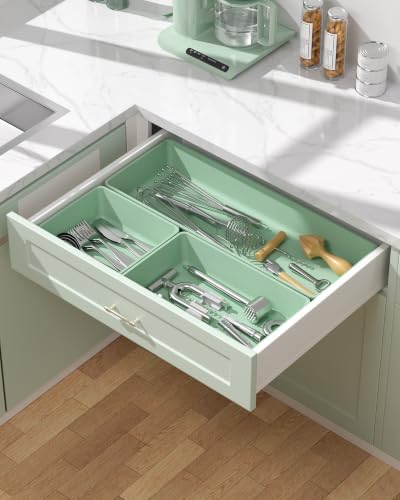 10 Pack Large Size Plastic Drawer Organizers Set, 3 Sizes Desk Drawer Organizer Trays, Storage Bins for Vanity, Makeup, Bathroom, Kitchen Utensils and Office (Green) - Image 6