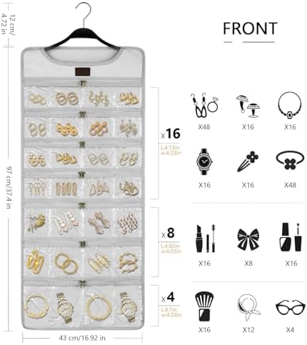 SMRITI Hanging Jewelry Organizer with Dual Zippered Pockets Canvas Double Sided Rotating Hanger Necklace Hanging Wall Organizer Earring Dustproof Holder Wall Mount Accessories Display Bag(Light Grey) - Image 2