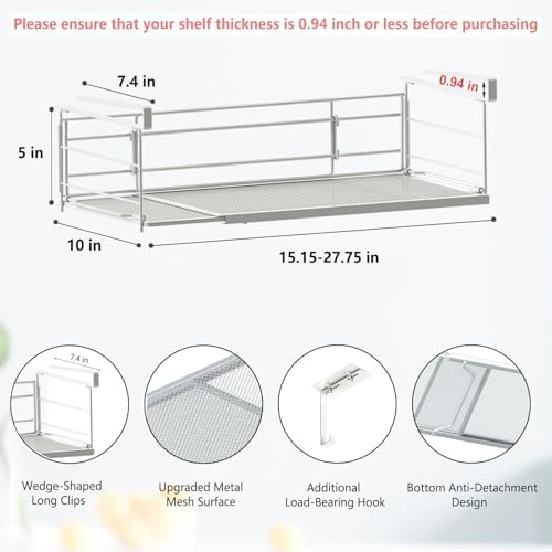 Expandable Under Cabinet Shelf, Extendable Under Shelf Storage with Removable Wire-Like Back for Pantry Cabinet, Laundry Room, Shoe Rack. (White, 1 Pack, Interior: 5" H x 10" D) - Image 2