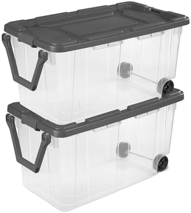160 Quart Wheeled Stacker, Extra Large Durable Clear Bin, Latch Lid and Pull Handle, Gray, 2 Count by Unknown